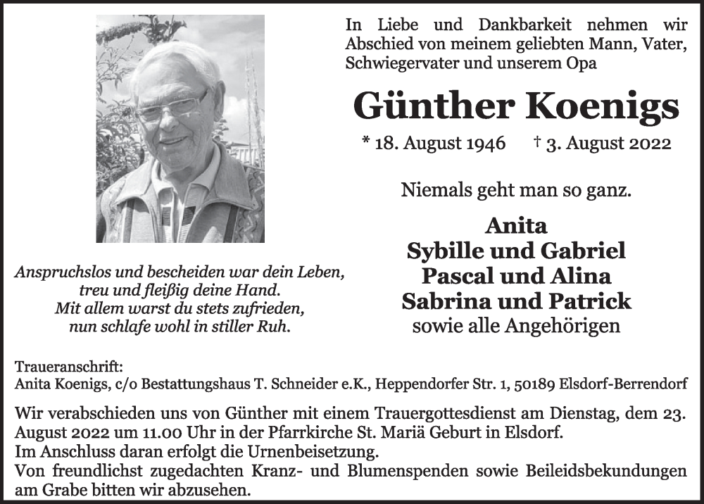  Traueranzeige für Günther Koenigs vom 12.08.2022 aus  Werbepost 