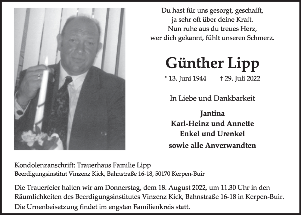  Traueranzeige für Günther Lipp vom 12.08.2022 aus  Werbepost 