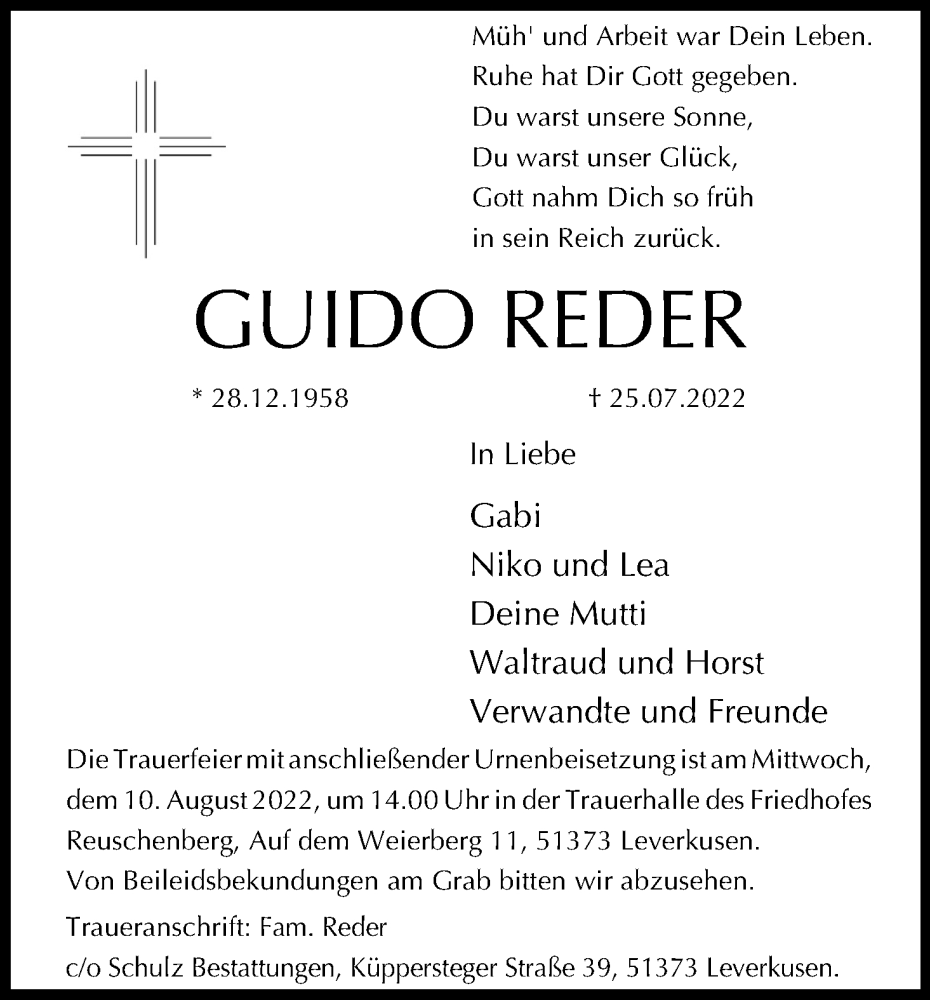  Traueranzeige für Guido Reder vom 06.08.2022 aus Kölner Stadt-Anzeiger / Kölnische Rundschau / Express