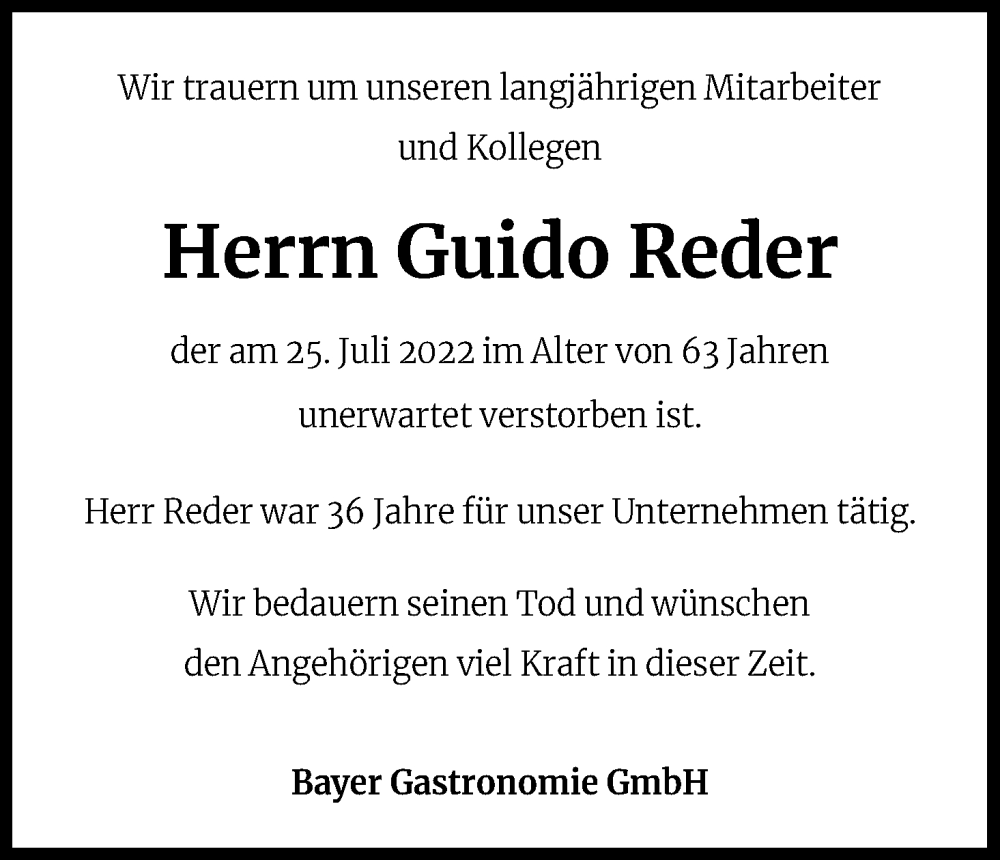  Traueranzeige für Guido Reder vom 08.08.2022 aus Kölner Stadt-Anzeiger / Kölnische Rundschau / Express