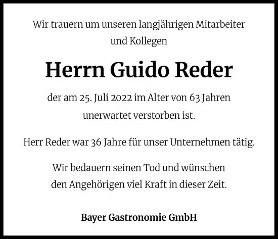 Anzeige von Guido Reder von Kölner Stadt-Anzeiger / Kölnische Rundschau / Express