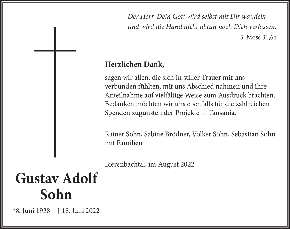  Traueranzeige für Gustav Adolf Sohn vom 12.08.2022 aus  Anzeigen Echo  Lokalanzeiger 