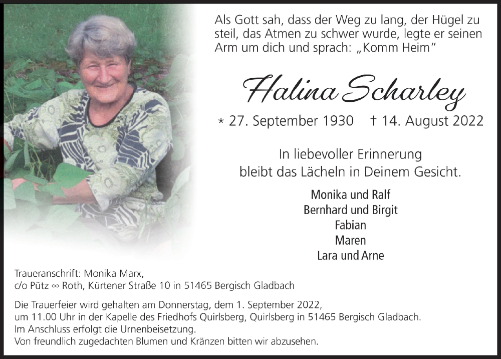  Traueranzeige für Halina Scharley vom 19.08.2022 aus  Bergisches Handelsblatt 