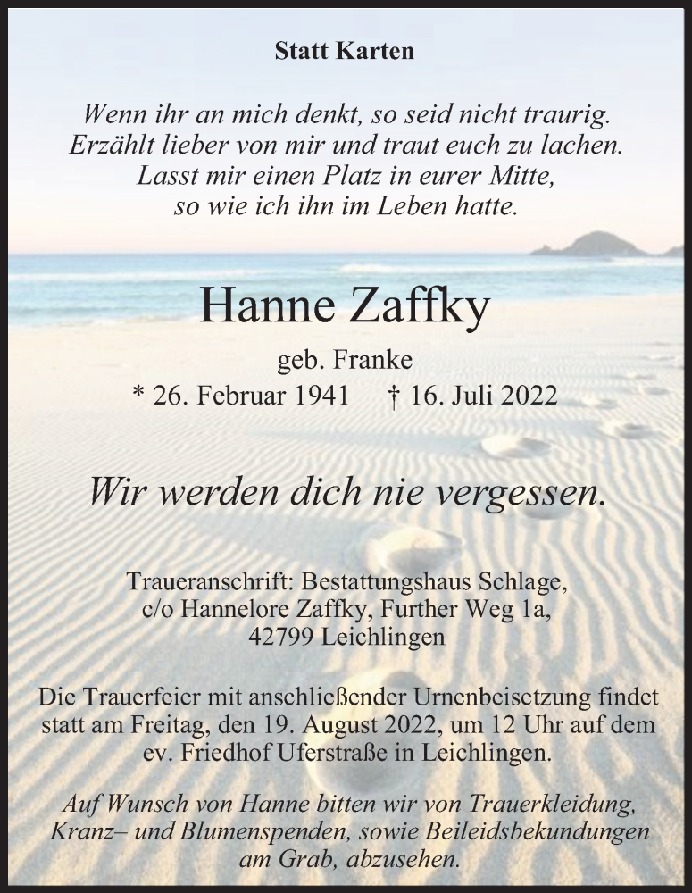  Traueranzeige für Hanne Zaffky vom 13.08.2022 aus Kölner Stadt-Anzeiger / Kölnische Rundschau / Express