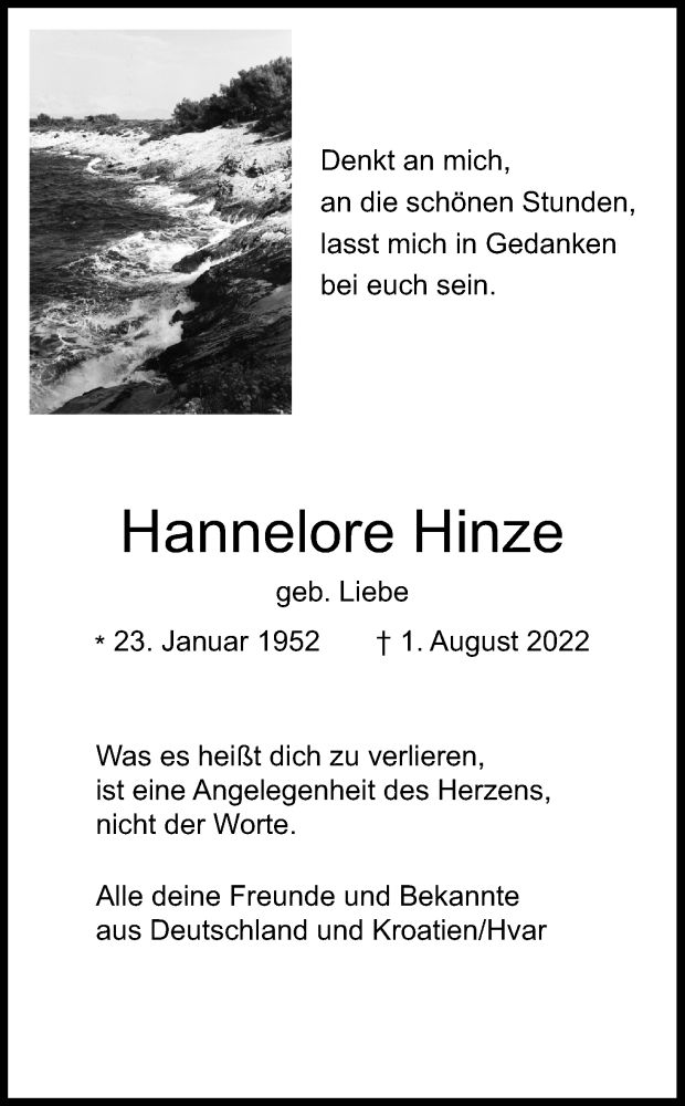  Traueranzeige für Hannelore Hinze vom 06.08.2022 aus Kölner Stadt-Anzeiger / Kölnische Rundschau / Express