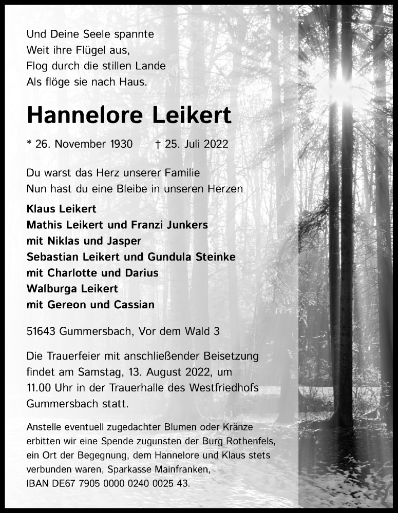  Traueranzeige für Hannelore Leikert vom 06.08.2022 aus Kölner Stadt-Anzeiger / Kölnische Rundschau / Express
