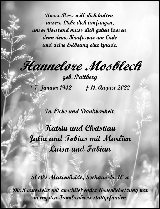Anzeige von Hannelore Mosblech von  Anzeigen Echo 