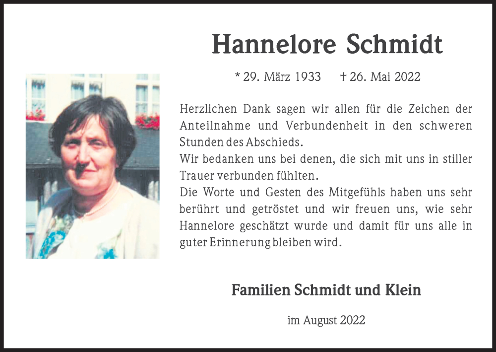  Traueranzeige für Hannelore Schmidt vom 13.08.2022 aus Kölner Stadt-Anzeiger / Kölnische Rundschau / Express