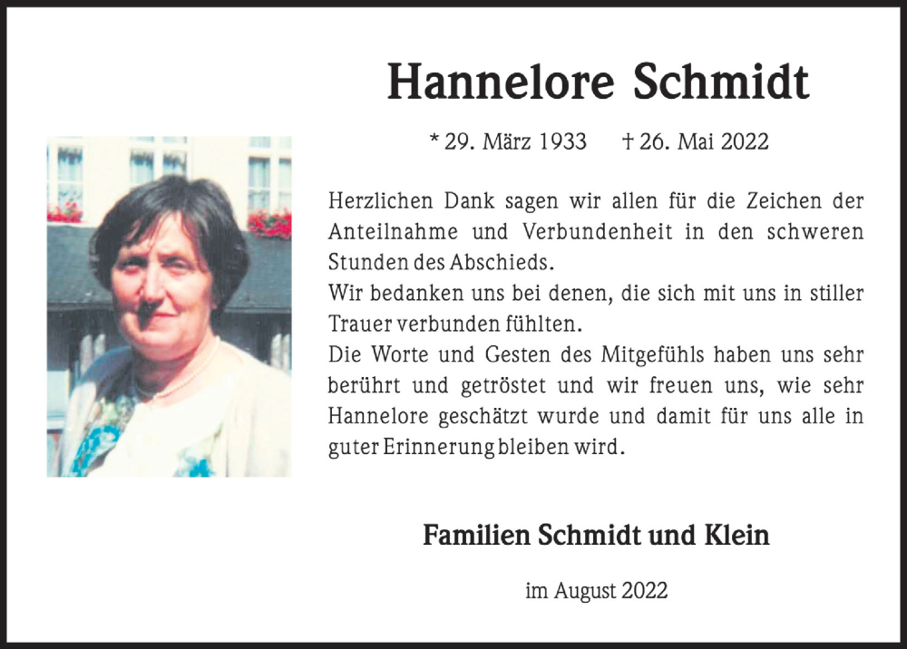  Traueranzeige für Hannelore Schmidt vom 12.08.2022 aus  Lokalanzeiger 