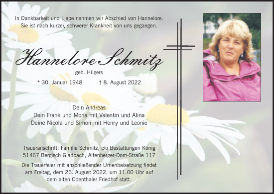 Anzeige von Hannelore Schmitz von Kölner Stadt-Anzeiger / Kölnische Rundschau / Express