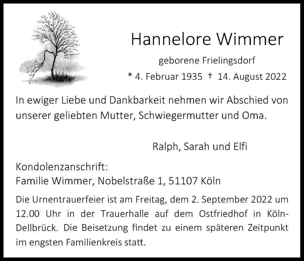  Traueranzeige für Hannelore Wimmer vom 20.08.2022 aus Kölner Stadt-Anzeiger / Kölnische Rundschau / Express