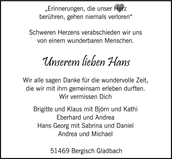 Anzeige von Hans  von  Bergisches Handelsblatt 