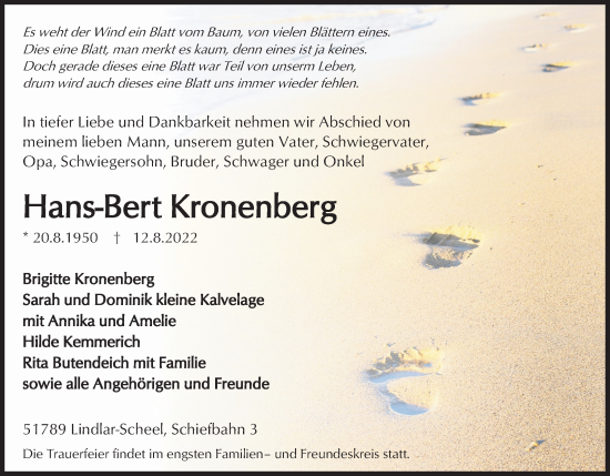 Anzeige von Hans-Bert Kronenberg von Kölner Stadt-Anzeiger / Kölnische Rundschau / Express