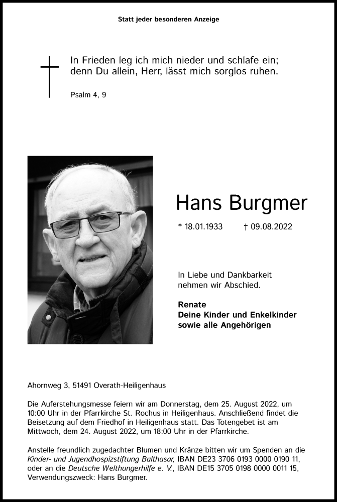  Traueranzeige für Hans Burgmer vom 13.08.2022 aus Kölner Stadt-Anzeiger / Kölnische Rundschau / Express