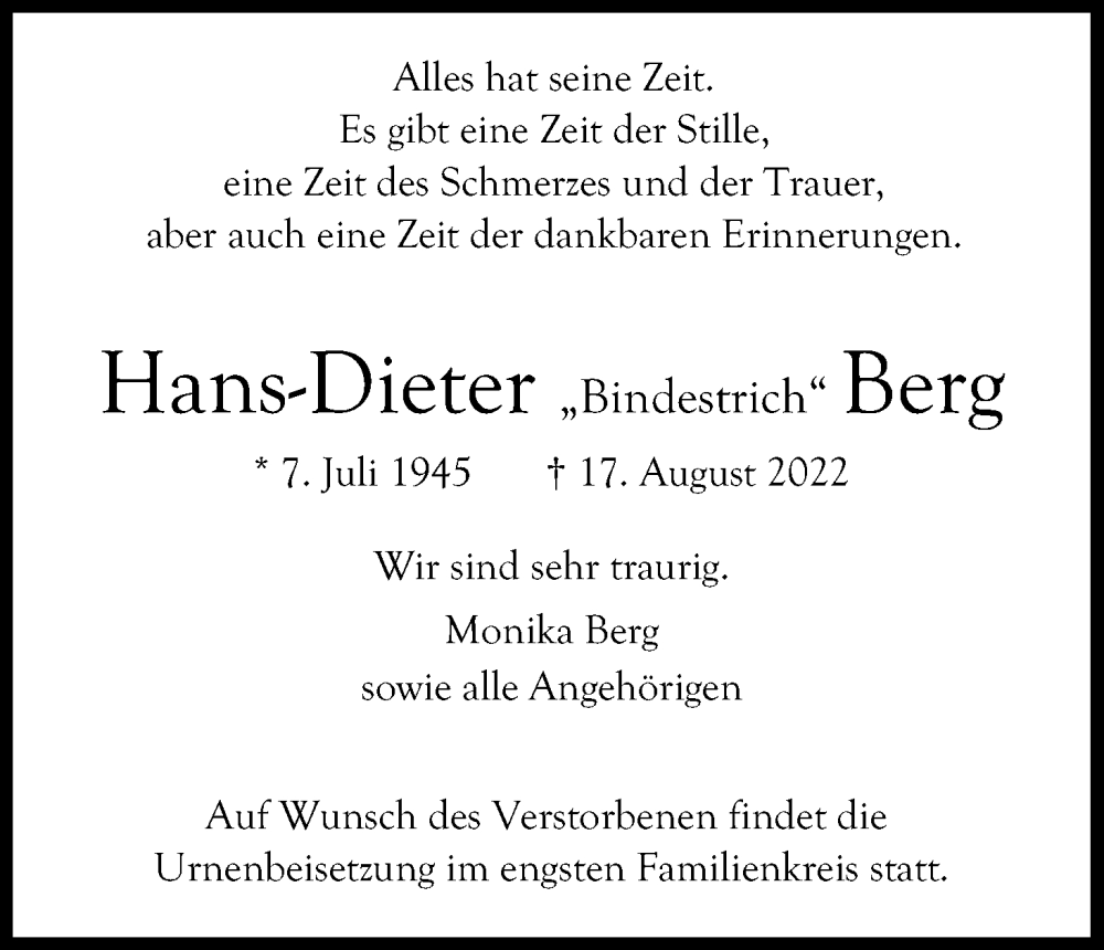  Traueranzeige für Hans-Dieter Berg vom 27.08.2022 aus Kölner Stadt-Anzeiger / Kölnische Rundschau / Express