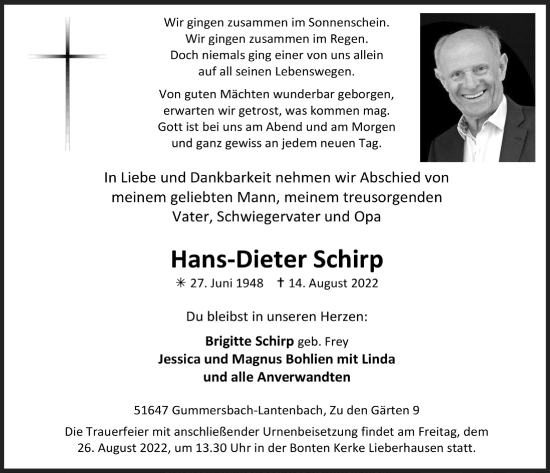 Anzeige von Hans-Dieter Schirp von  Anzeigen Echo 