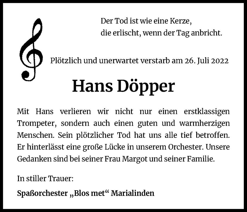  Traueranzeige für Hans Döpper vom 08.08.2022 aus Kölner Stadt-Anzeiger / Kölnische Rundschau / Express