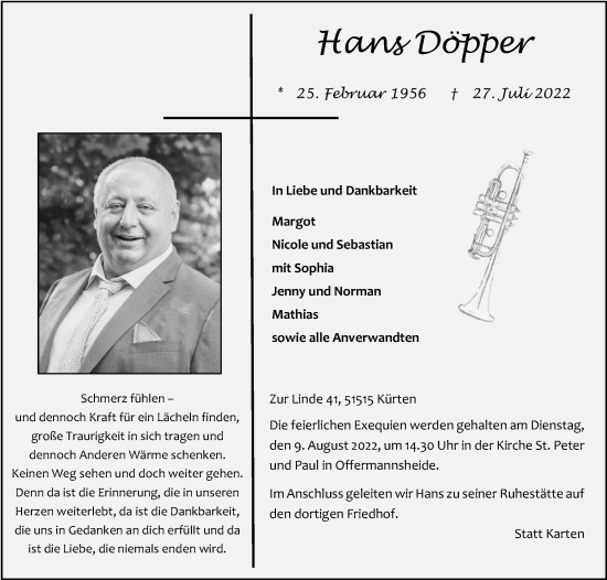 Anzeige von Hans Döpper von Kölner Stadt-Anzeiger / Kölnische Rundschau / Express