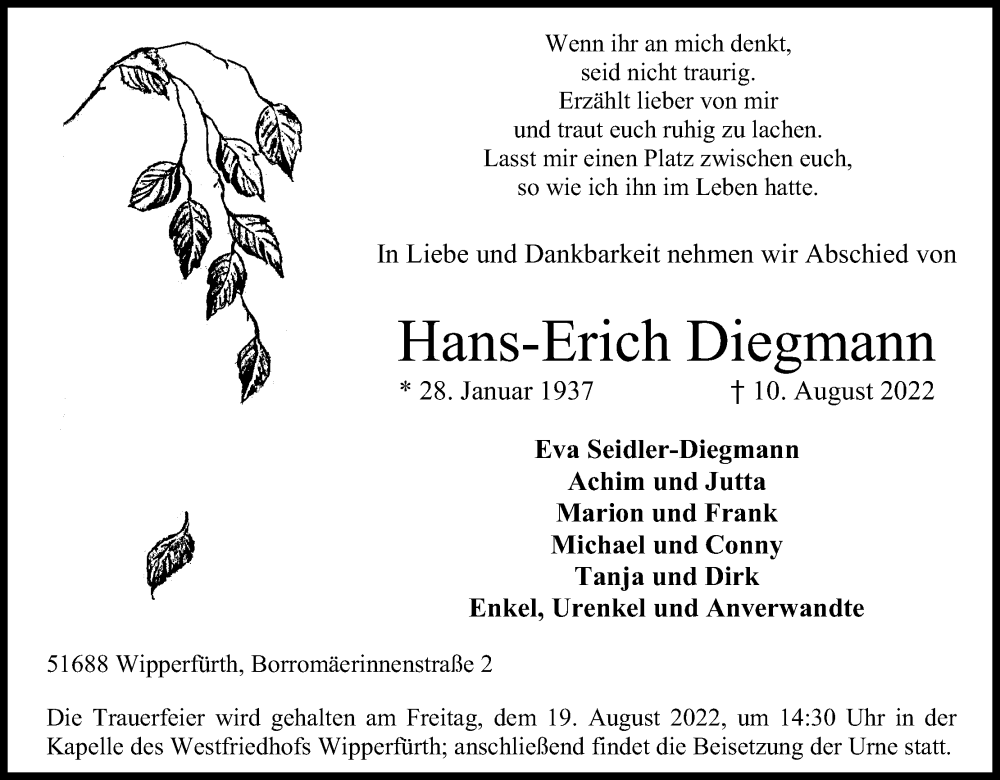  Traueranzeige für Hans-Erich Diegmann vom 13.08.2022 aus Kölner Stadt-Anzeiger / Kölnische Rundschau / Express