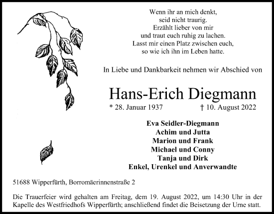Anzeige von Hans-Erich Diegmann von Kölner Stadt-Anzeiger / Kölnische Rundschau / Express