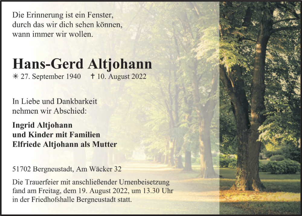  Traueranzeige für Hans-Gerd Altjohann vom 19.08.2022 aus  Anzeigen Echo 