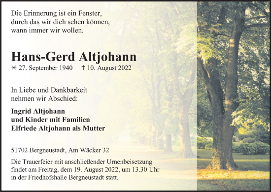 Anzeige von Hans-Gerd Altjohann von Kölner Stadt-Anzeiger / Kölnische Rundschau / Express