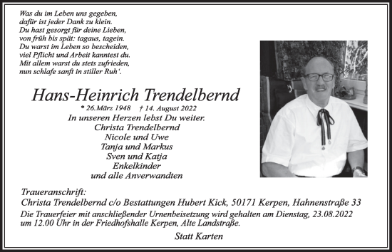 Anzeige von Hans-Heinrich Trendelbernd von  Werbepost 