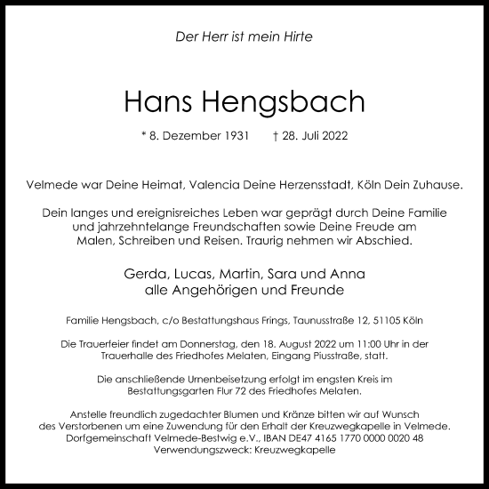 Anzeige von Hans Hengsbach von Kölner Stadt-Anzeiger / Kölnische Rundschau / Express