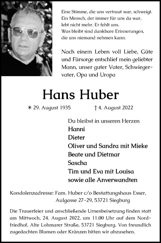Anzeige von Hans Huber von Kölner Stadt-Anzeiger / Kölnische Rundschau / Express