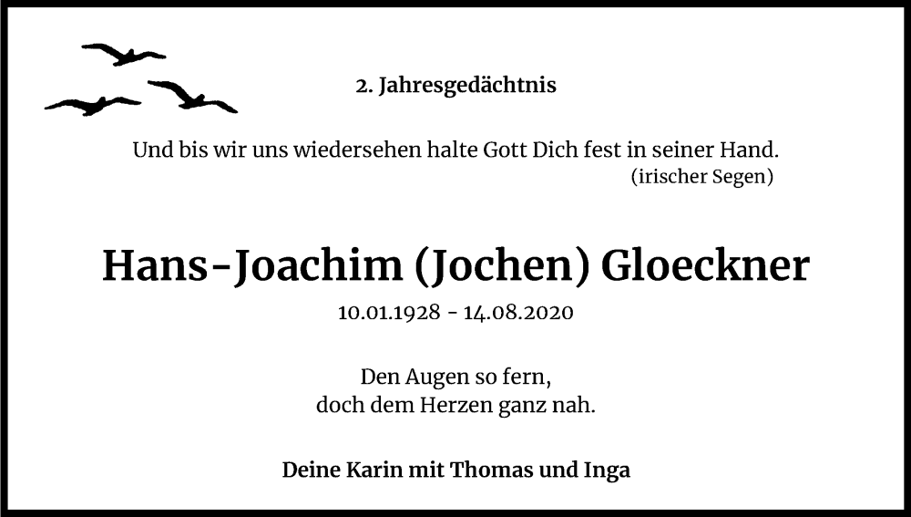  Traueranzeige für Hans-Joachim Gloeckner vom 13.08.2022 aus Kölner Stadt-Anzeiger / Kölnische Rundschau / Express
