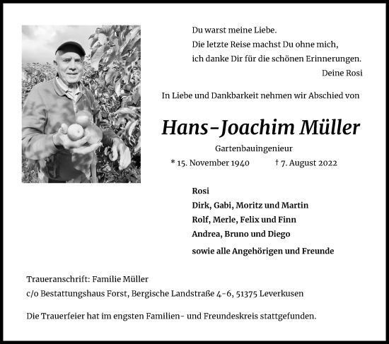 Anzeige von Hans-Joachim Müller von Kölner Stadt-Anzeiger / Kölnische Rundschau / Express