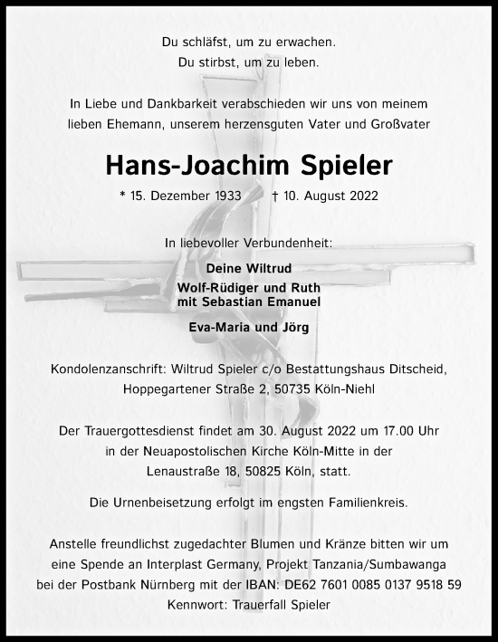 Anzeige von Hans-Joachim Spieler von Kölner Stadt-Anzeiger / Kölnische Rundschau / Express