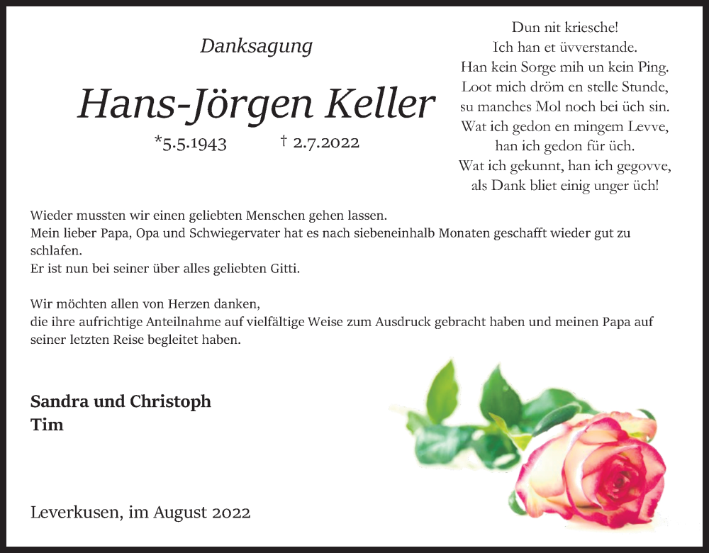  Traueranzeige für Hans-Jörgen Keller vom 13.08.2022 aus Kölner Stadt-Anzeiger / Kölnische Rundschau / Express