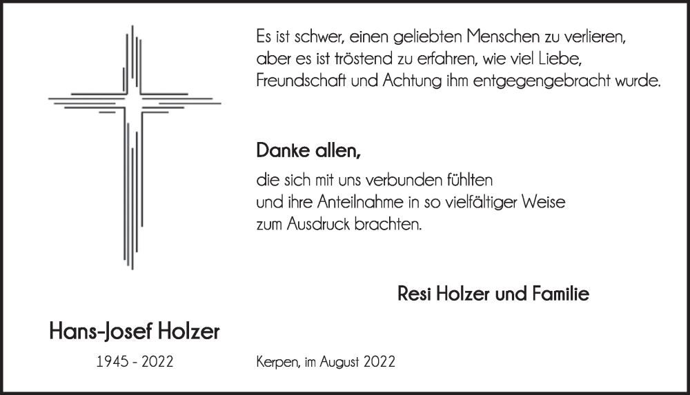  Traueranzeige für Hans-Josef Holzer vom 19.08.2022 aus  Werbepost 