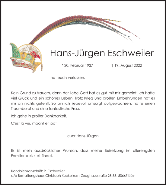 Anzeige von Hans-Jürgen Eschweiler von Kölner Stadt-Anzeiger / Kölnische Rundschau / Express