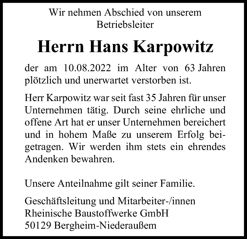  Traueranzeige für Hans Karpowitz vom 20.08.2022 aus Kölner Stadt-Anzeiger / Kölnische Rundschau / Express