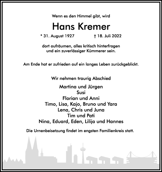 Anzeige von Hans Kremer von Kölner Stadt-Anzeiger / Kölnische Rundschau / Express