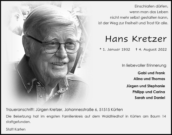 Anzeige von Hans Kretzer von  Bergisches Handelsblatt 