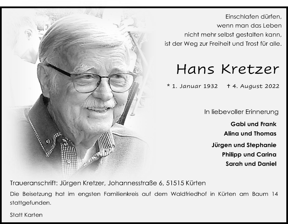  Traueranzeige für Hans Kretzer vom 20.08.2022 aus Kölner Stadt-Anzeiger / Kölnische Rundschau / Express