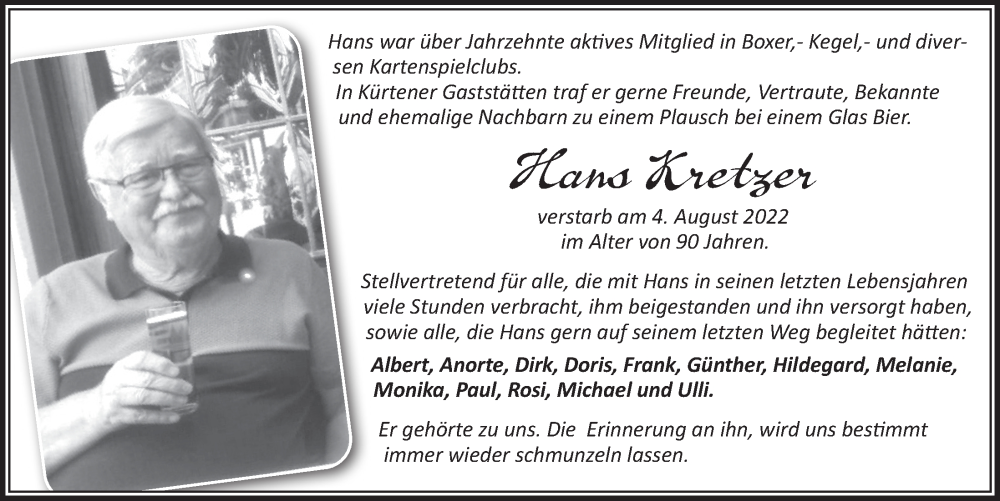  Traueranzeige für Hans Kretzer vom 26.08.2022 aus  Bergisches Handelsblatt 