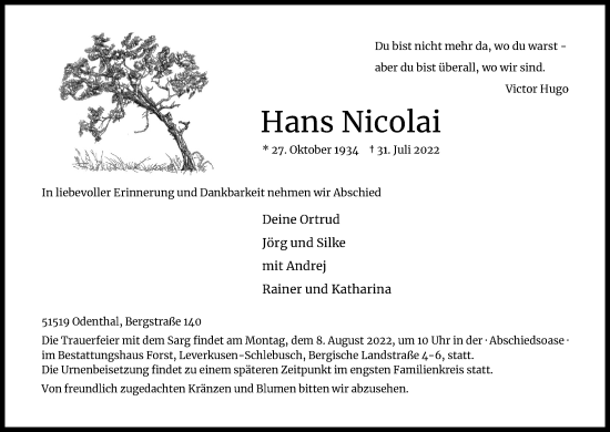 Anzeige von Hans Nicolai von Kölner Stadt-Anzeiger / Kölnische Rundschau / Express
