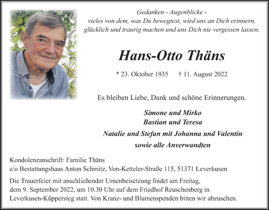 Anzeige von Hans-Otto Thäns von Kölner Stadt-Anzeiger / Kölnische Rundschau / Express