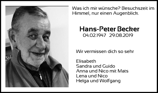 Anzeige von Hans-Peter Becher von Kölner Stadt-Anzeiger / Kölnische Rundschau / Express