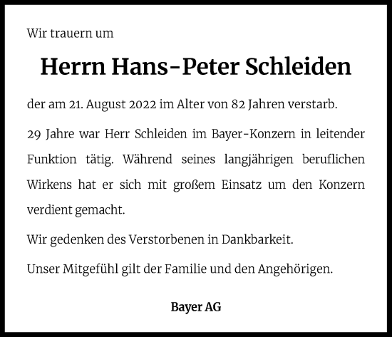 Anzeige von Hans-Peter Schleiden von Kölner Stadt-Anzeiger / Kölnische Rundschau / Express