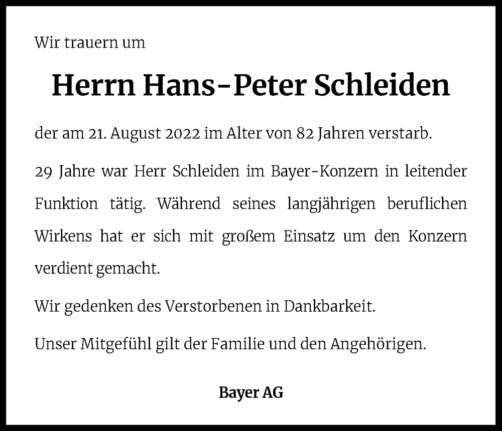  Traueranzeige für Hans-Peter Schleiden vom 27.08.2022 aus Kölner Stadt-Anzeiger / Kölnische Rundschau / Express