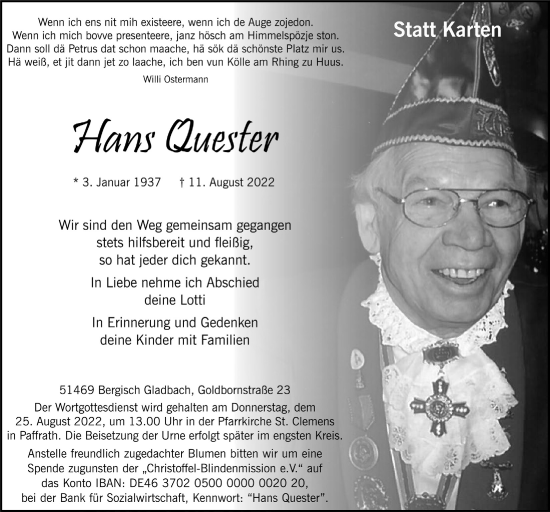 Anzeige von Hans Quester von  Bergisches Handelsblatt 