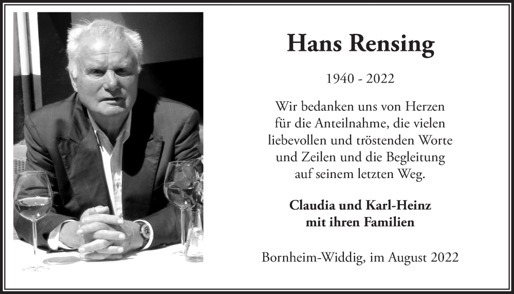  Traueranzeige für Hans Rensing vom 19.08.2022 aus  Schaufenster/Blickpunkt 