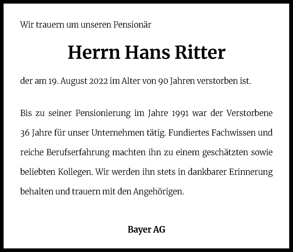  Traueranzeige für Hans Ritter vom 27.08.2022 aus Kölner Stadt-Anzeiger / Kölnische Rundschau / Express