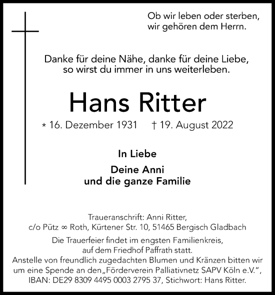 Anzeige von Hans Ritter von Kölner Stadt-Anzeiger / Kölnische Rundschau / Express