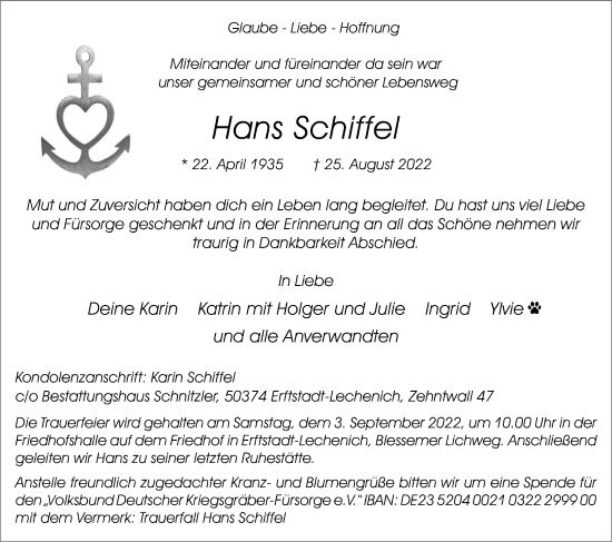 Anzeige von Hans Schiffel von Kölner Stadt-Anzeiger / Kölnische Rundschau / Express